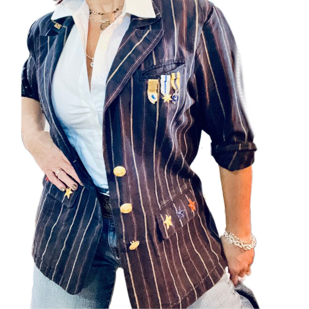 Women Vintage Custom Military Blazer  Reworked one of one Navy w-pinstripes gold